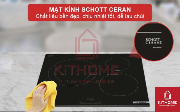 Mặt kính Schott Ceran chất liệu bền đẹp, chịu nhiệt tốt và dễ lau chùi.