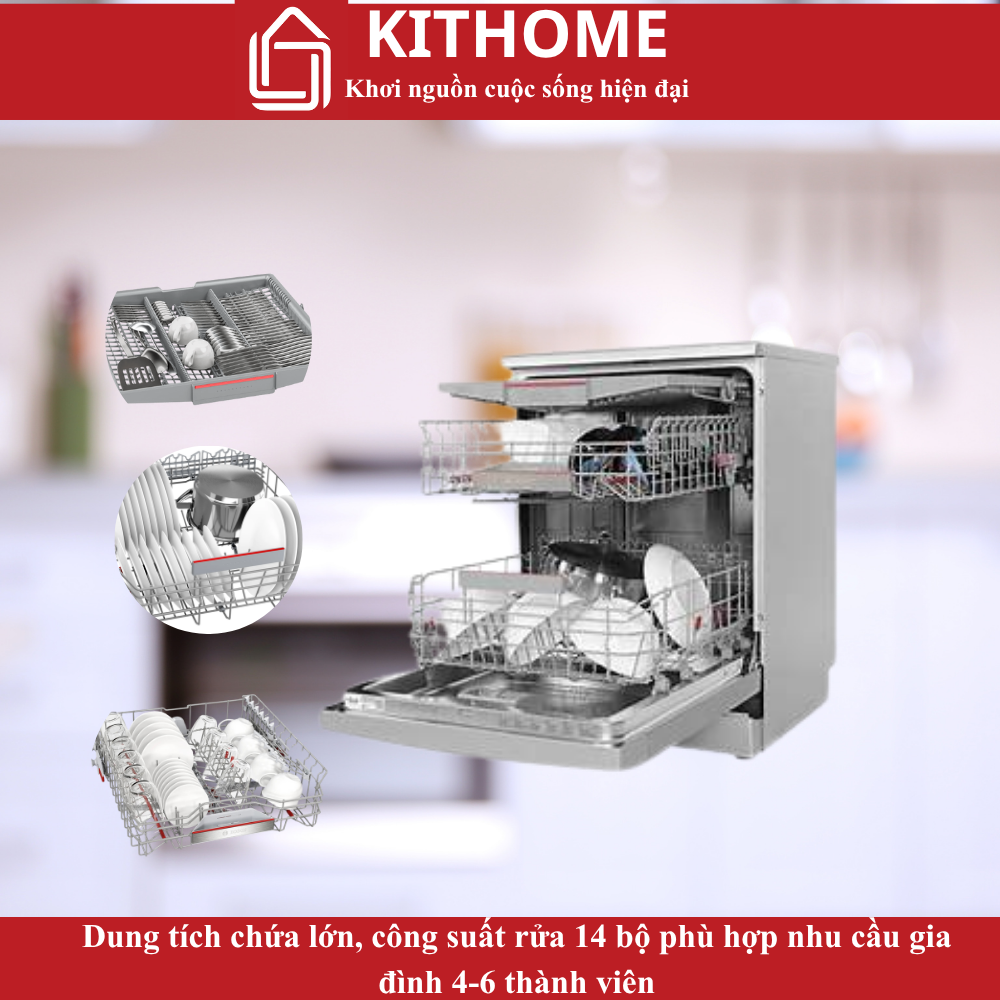 Dung tích chứa lớn, công suất rửa 14 bộ phù hợp nhu cầu gia đình 4-6 thành viên