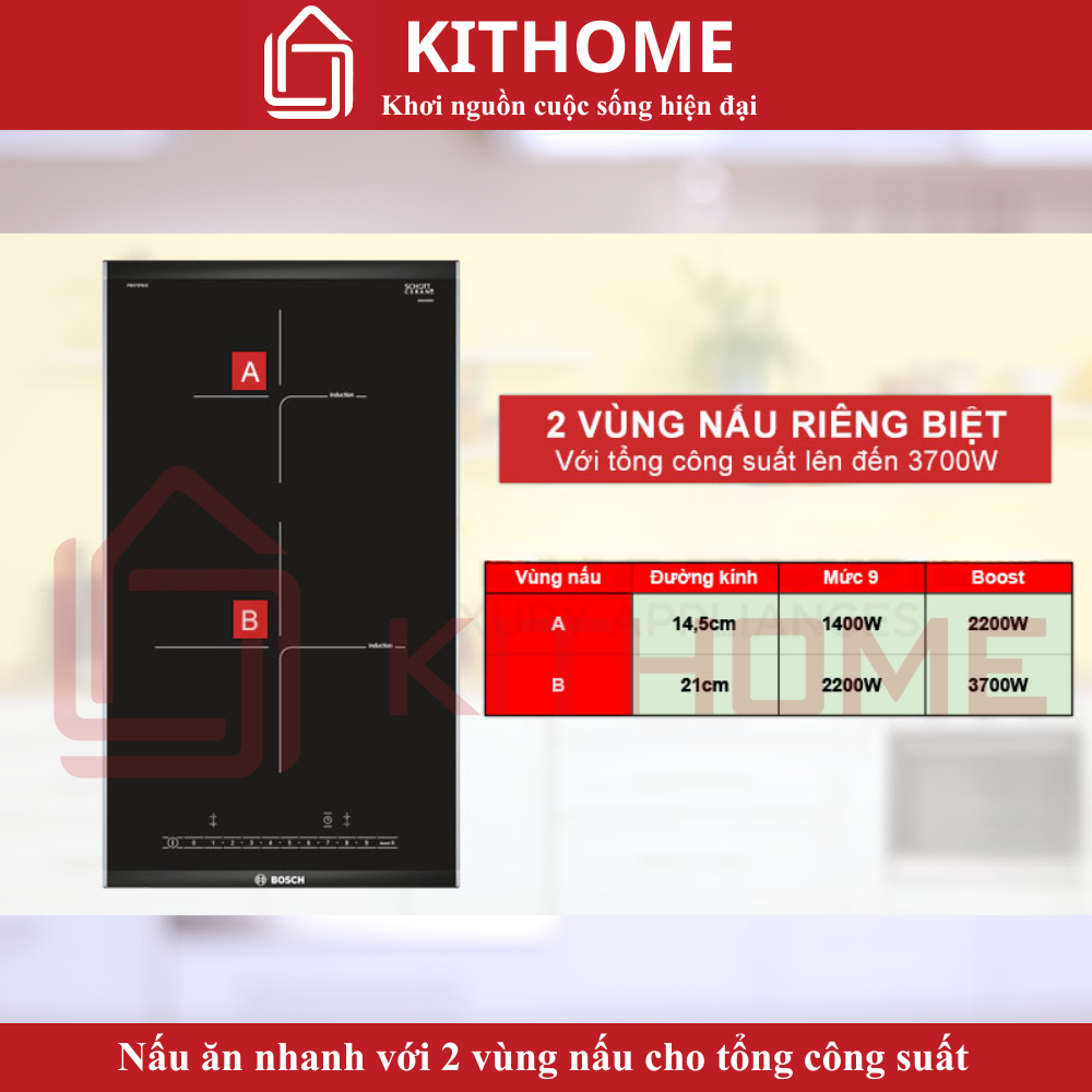 Nấu ăn nhanh với 2 vùng nấu cho tổng công suất lên đến 3700W