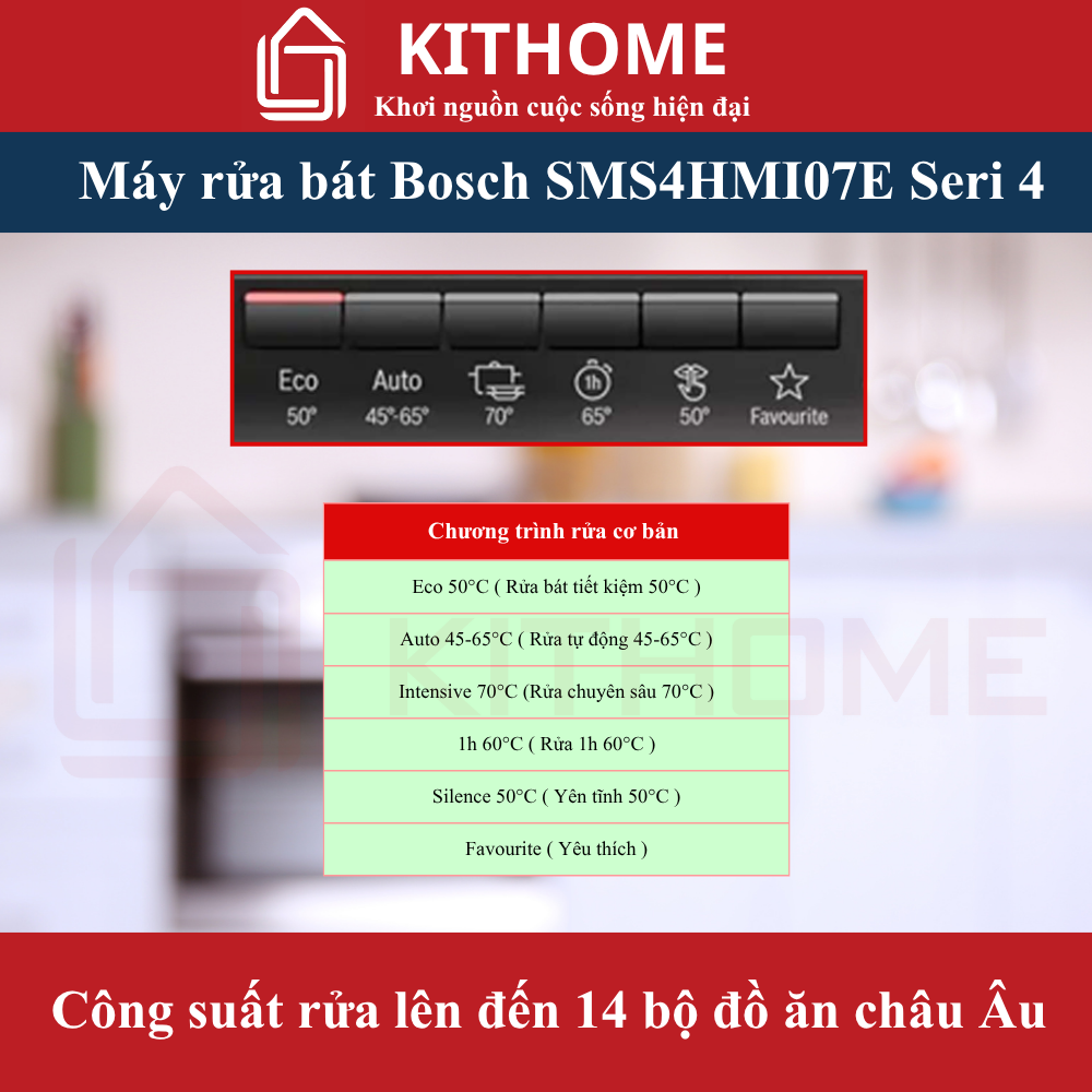 Máy rửa bát Bosch SMS4HMI07E – Dung tích lớn 14 bộ và 6 chương trình rửa linh hoạt, tiện dụng