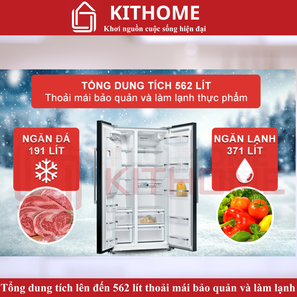 Tổng dung tích lớn 562 lít, đáp ứng nhu cầu bảo quản thực phẩm cho cả gia đình