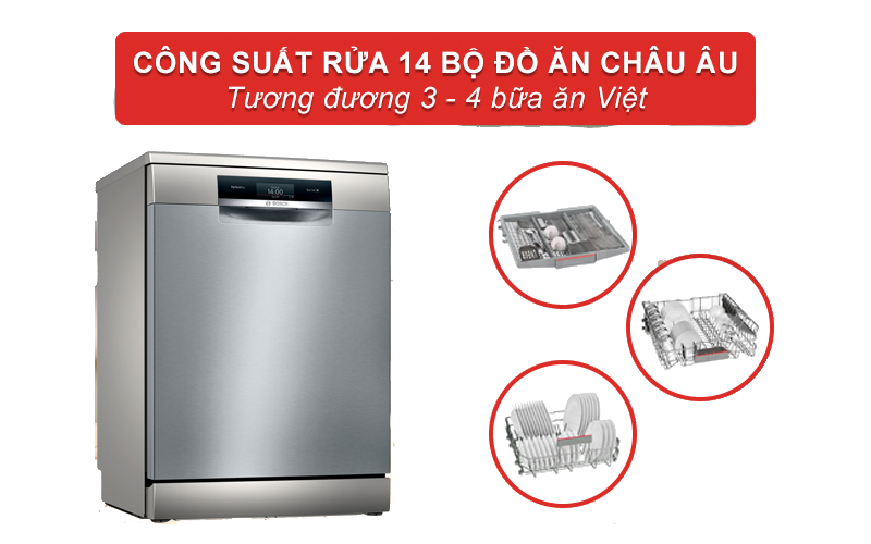 Máy rửa bát Bosch SMS8YCI01E có công suất rửa tối đa lên đến 14 bộ đồ ăn châu Âu.