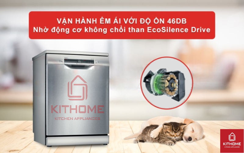 Độ ồn của máy rửa chén Bosch SMS4IVI01P ở mức 46dB nhờ động cơ EcoSilence Drive.