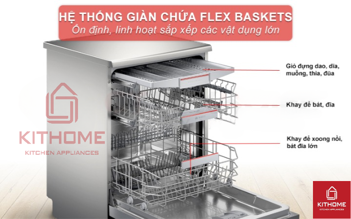 Hệ thống giỏ chứa Flex Baskets rộng rãi kết hợp giàn rửa thứ 3 VarioDrawer cùng hệ thống nâng hạ Rackmatic