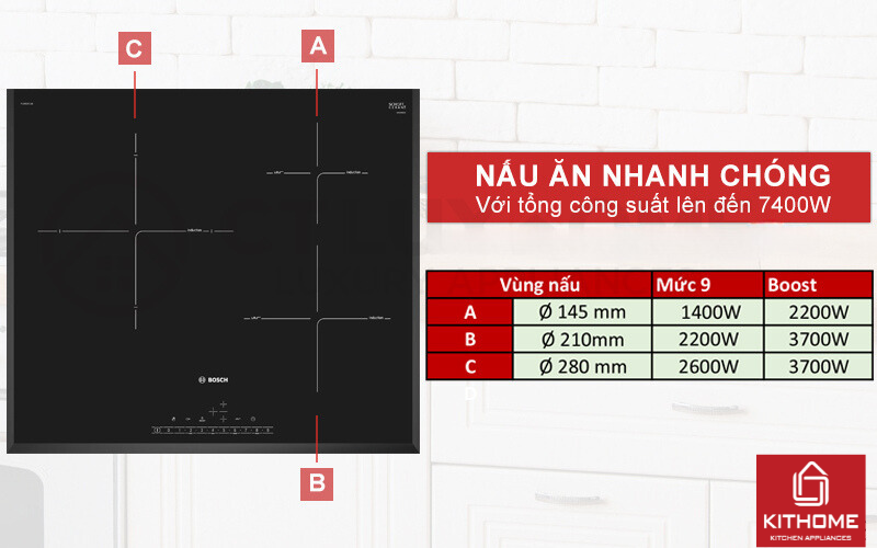 Tổng công suất 7400W cho khả năng nấu nhanh chóng với 3 vùng nấu