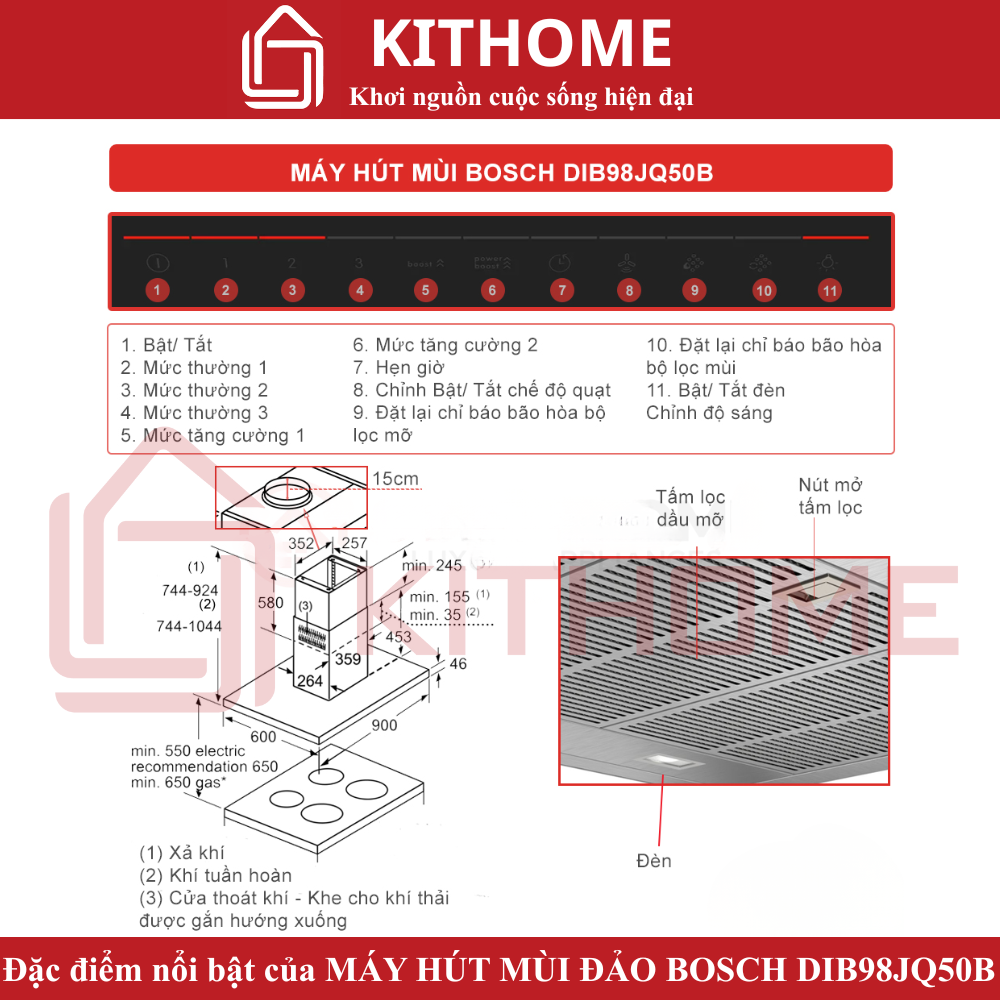 Đặc điểm nổi bật của MÁY HÚT MÙI ĐẢO BOSCH DIB98JQ50B SERIE 6 NGANG 90CM