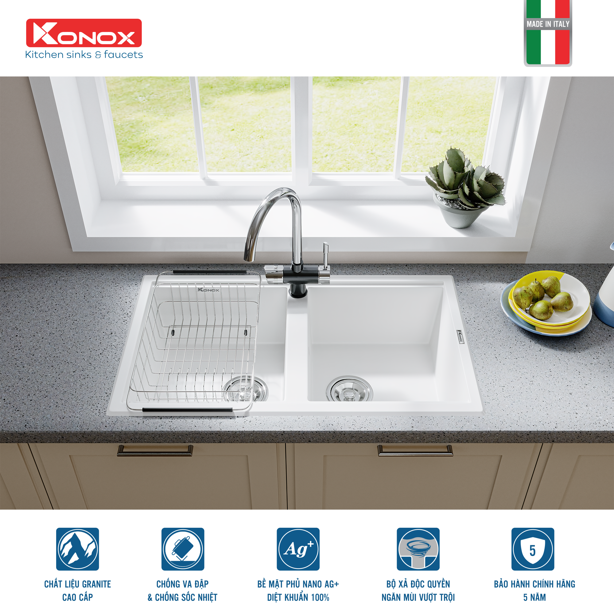 Chậu rửa Konox Phoenix 860 White Silver