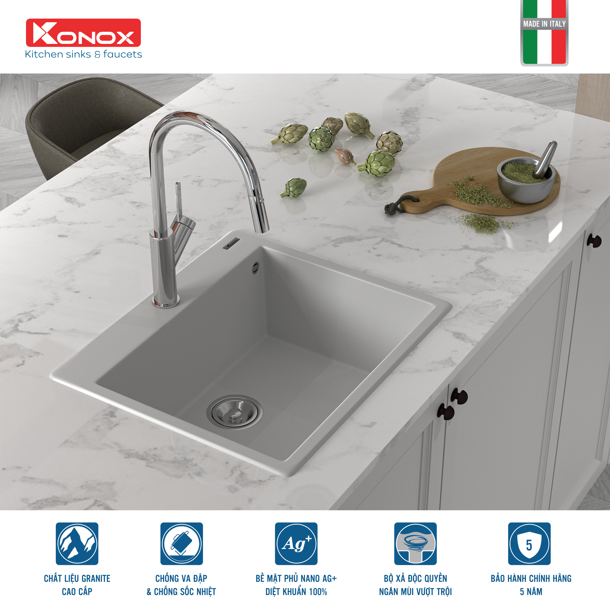 Chậu rửa Konox Ruvita 680 White Silver
