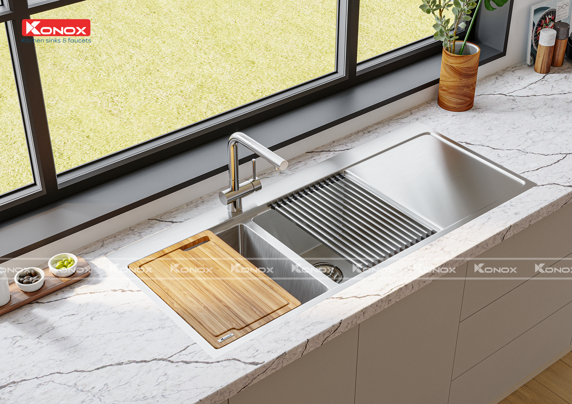 Chậu rửa Konox KN11650TD - Bàn phải - Hình ảnh lắp đặt sản phẩm
