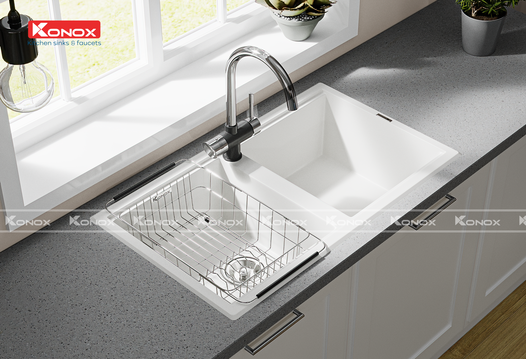 Chậu rửa Konox Phoenix 860 White Silver - Hình ảnh lắp đặt sản phẩm