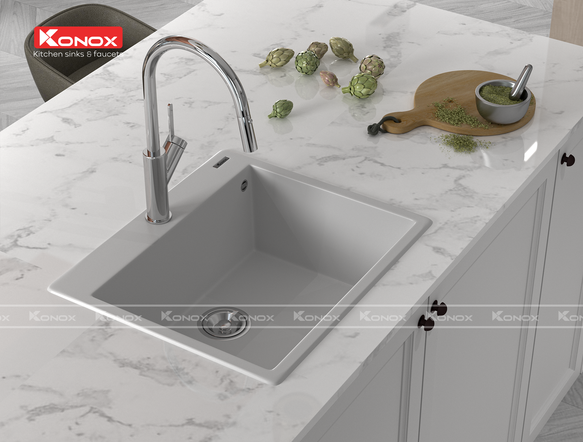 Chậu rửa Konox Ruvita 680 White Silver - Hình ảnh lắp đặt sản phẩm