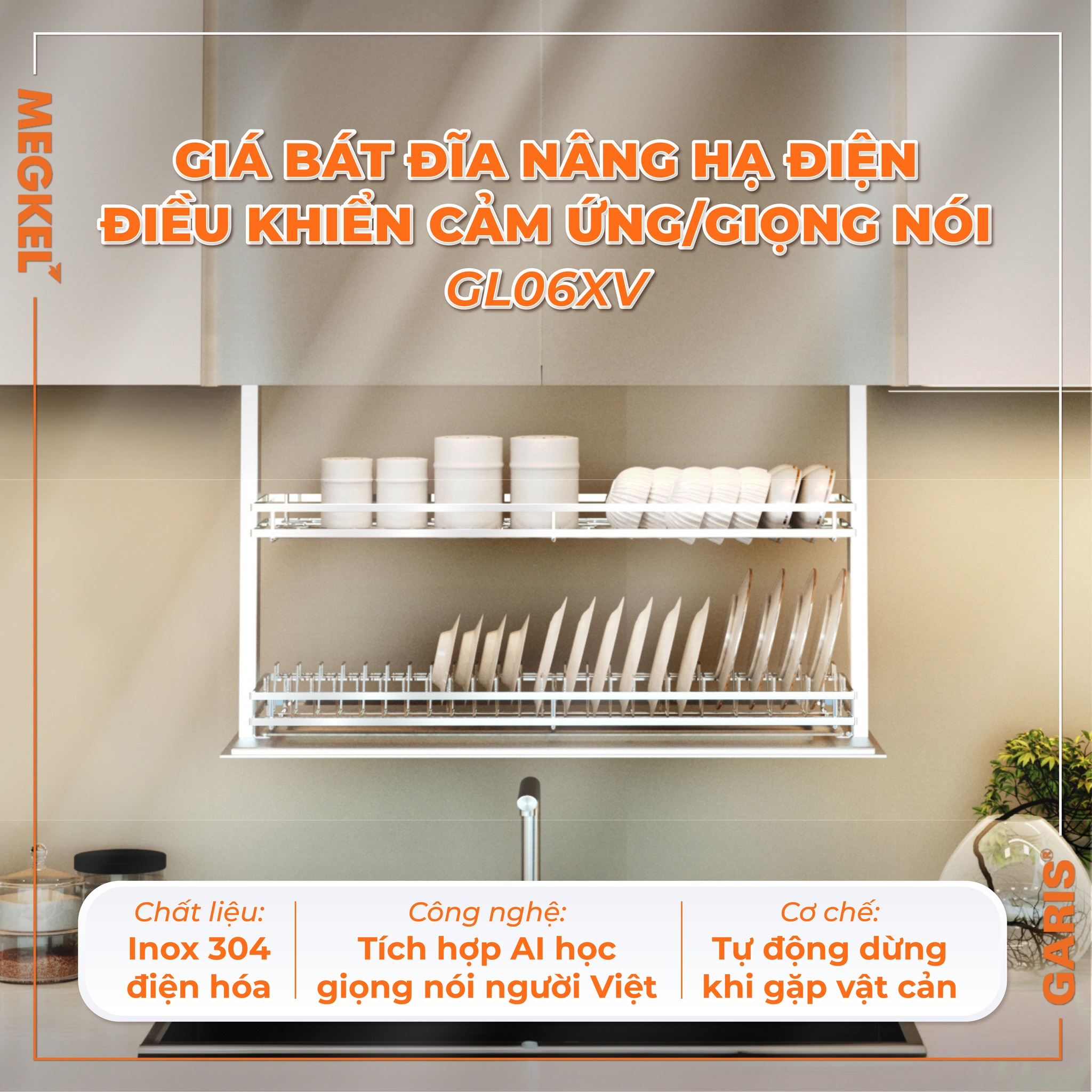 gia-bat-dia-nang-ha-dien-cam-ung-va-giong-noi-khung-nhom-ro-inox-304-garis-gl06xv-2 Giá bát đĩa nâng hạ điện cảm ứng và giọng nói khung nhôm rổ Inox 304 900mm Garis GL06.9XV