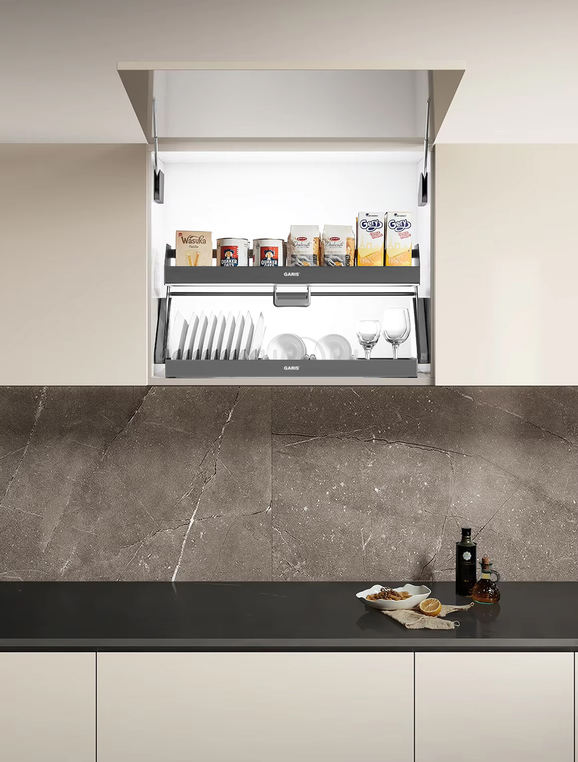 gia-gia-vi-bat-dia-nang-ha-2-tang-khay-nhom-mau-ghi-xam-garis-gl05-702-802-gl05-701-801-4 Giá gia vị bát đĩa nâng hạ 2 tầng khay nhôm màu ghi xám 800mm Garis GL05.802 + GL05.801