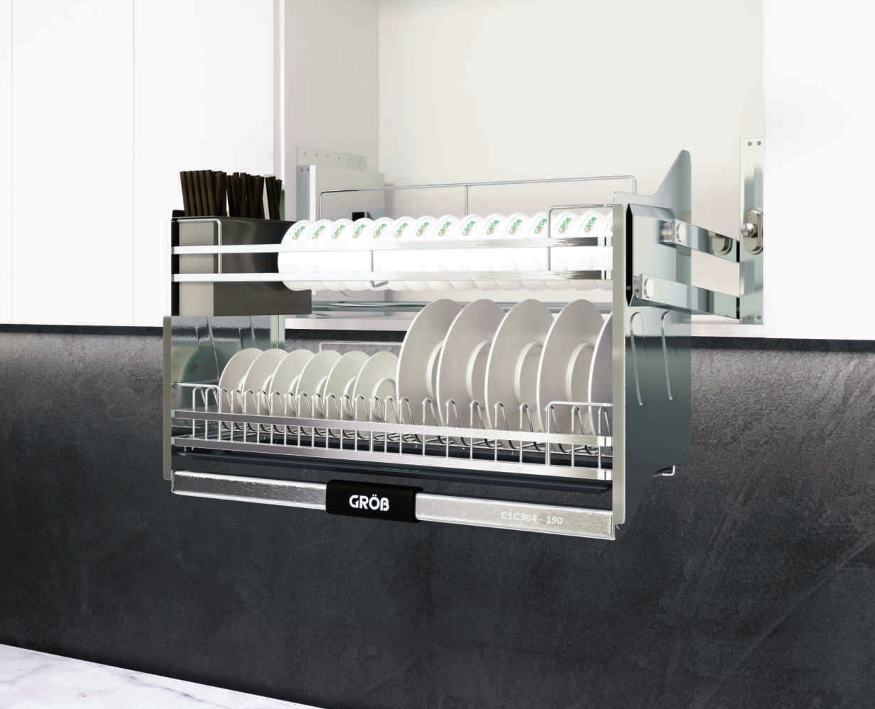 Giá nâng hạ bát đĩa 2 tầng cao cấp | Grob C1C304-170 | 100% INOX SUS304 | chiều rộng tủ 700mm | thiết kế mới cùng những trải nghiệm mới Giá nâng hạ bát đĩa Grob C1C304-170