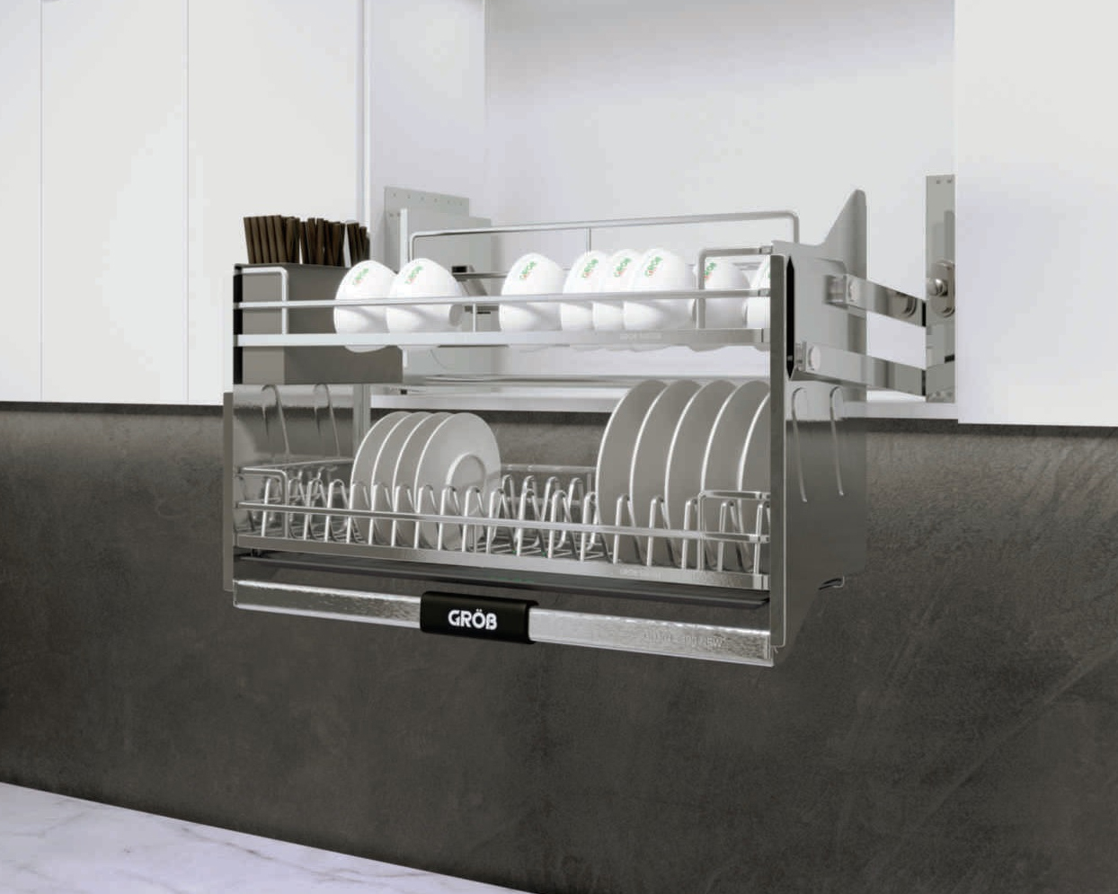 Giá nâng hạ bát đĩa 2 tầng cao cấp | Grob GO304-190 NEW | nan Oval hình quả trám | 100% INOX SUS304 | chiều rộng tủ 900mm Giá nâng hạ bát đĩa 2 tầng cao cấp | Grob GO304-190 NEW | nan Oval hình quả trám | 100% INOX SUS304 | chiều rộng tủ 900mm