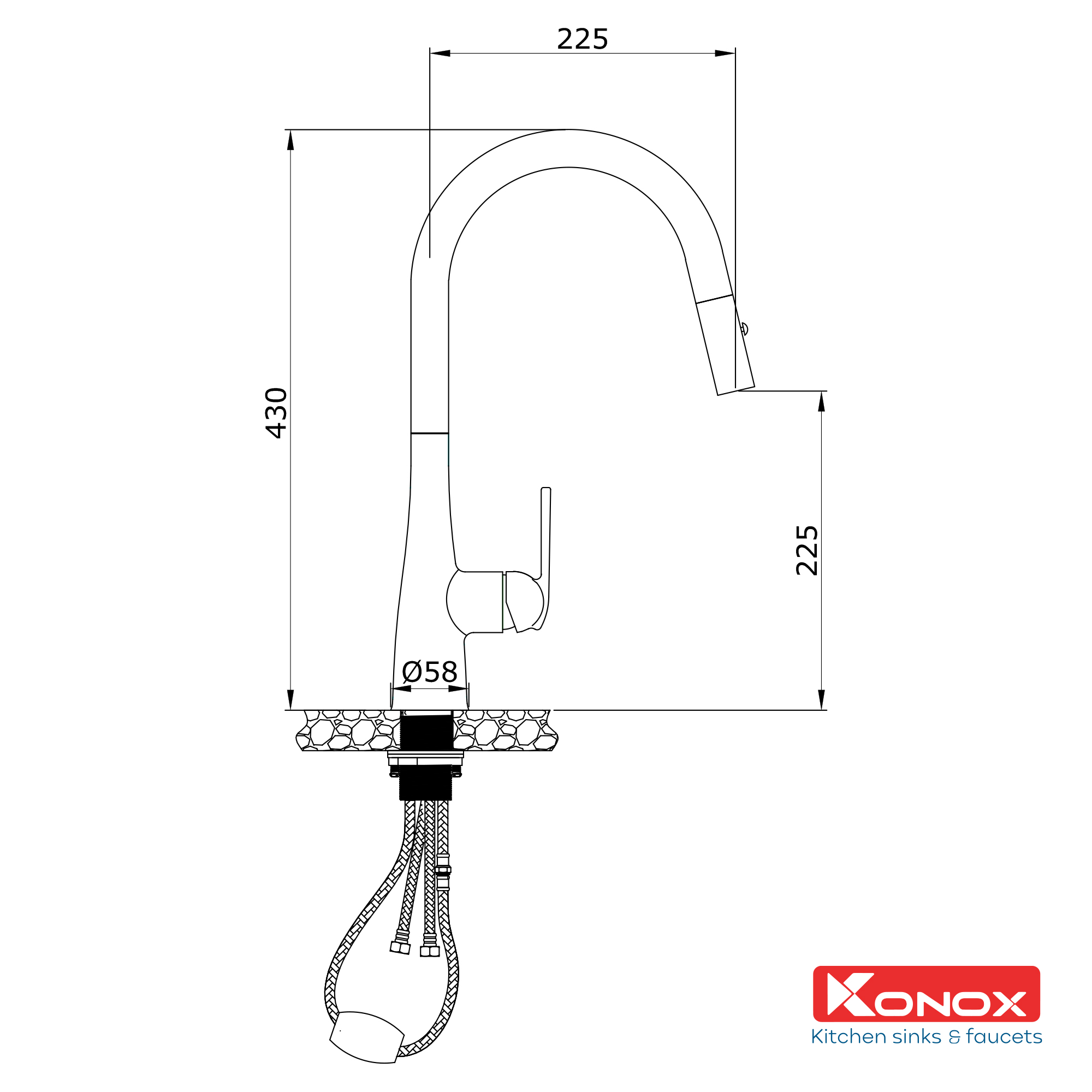 Vòi rửa Konox Curva Chrome - Kích thước sản phẩm