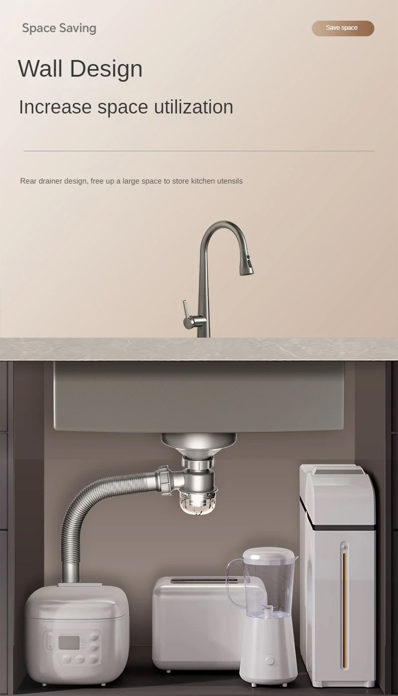 Siphon SLIM thế hệ mới của chậu rửa bát Gento GT04-7546 New giúp giảm chiều cao của ống thoát nước so với ống uốn cong truyền thống, từ đó tiết kiệm không gian trong khoang tủ bếp.