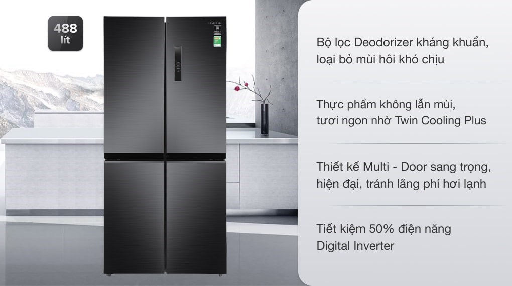Tủ lạnh Samsung Inverter 488 lít Multi Door RF48A4000B4/SV Tủ lạnh Samsung Inverter 488 lít Multi Door RF48A4000B4/SV với bộ lọc than hoạt tính sẽ loại bỏ triệt để các mùi hôi, nấm mốc và các vi khuẩn