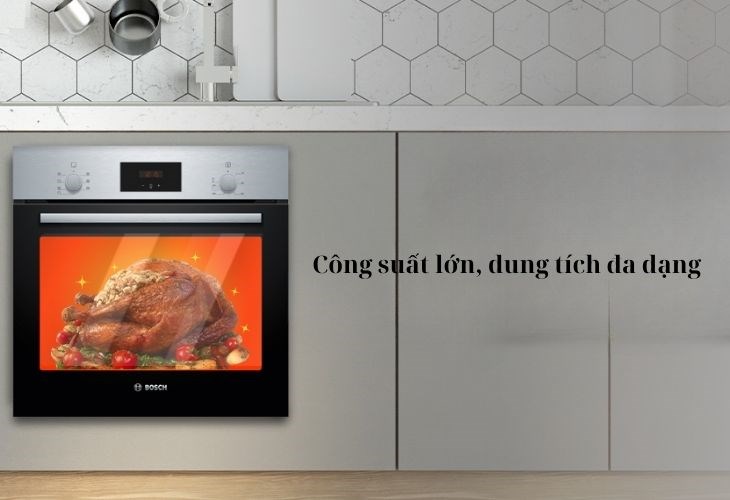 Lò nướng âm Bosch HMH.HBF133BS0A 66 lít có công suất nướng 3300W giúp chín nhanh thực phẩm