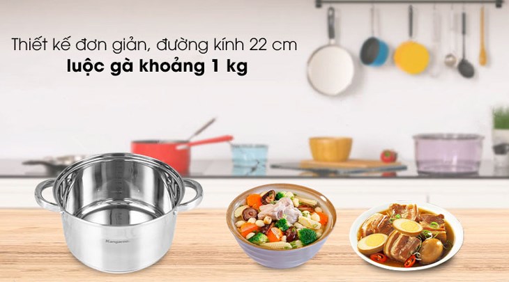 Nồi inox 5 đáy nắp kính 22 cm Kangaroo KG876M có đường kính 22cm, phù hợp dùng để nấu lẩu, nấu cháo, nấu canh,...