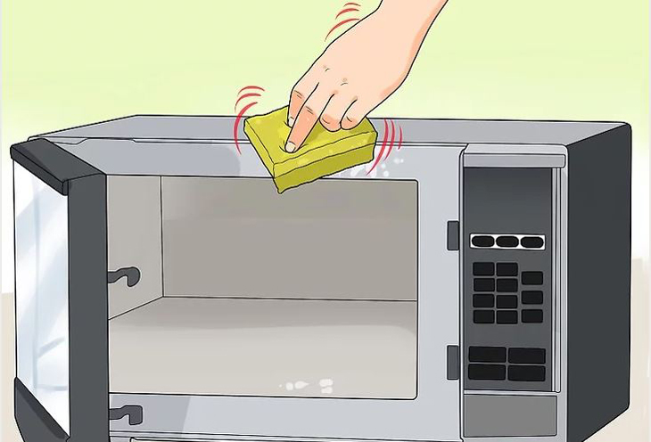 Sử dụng miếng bọt biển hoặc khăn giấy để làm sạch bên ngoài lò vi sóng Sử dụng miếng bọt biển hoặc khăn giấy để làm sạch bên ngoài lò vi sóng