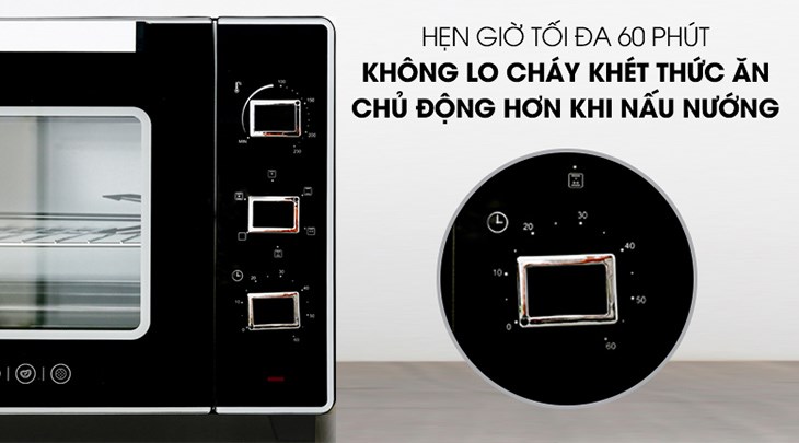 Người dùng có thể hẹn giờ tối đa 60 phút cho các món với lò nướng Sanaky VH5099S2D 50 lít