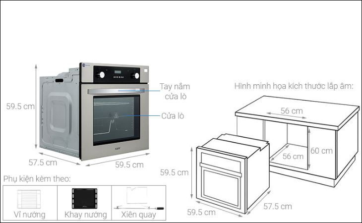 Kích thước lò nướng âm KAFF KF-901 60 lít