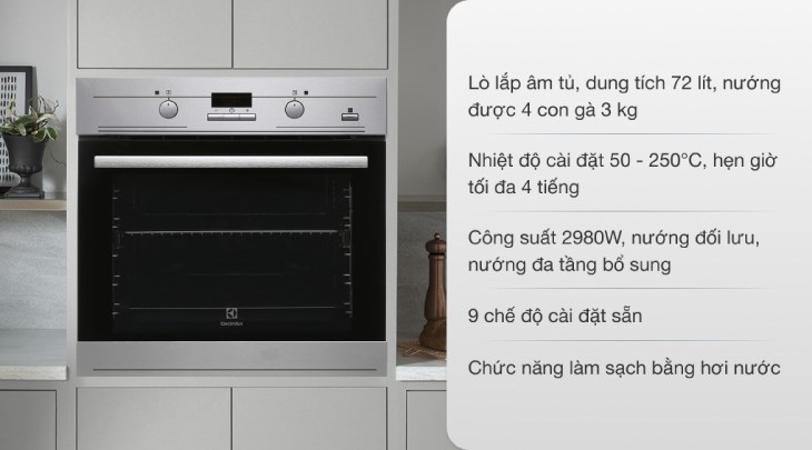 Lò nướng âm Electrolux EOB3434BOX 72 lít có dung tích 72 lít, đáp ứng tốt nhu cầu nấu nướng của gia đình đông người, quán ăn, khách sạn,…