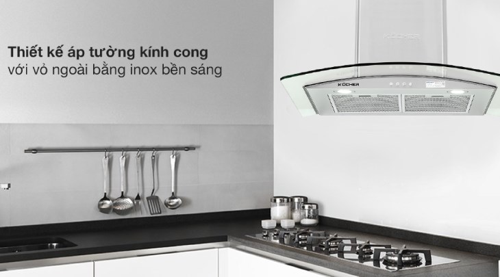 Máy hút mùi kính cong Kocher K-8870 có thiết kế kính vòm trong suốt, kiểu dáng hiện đại