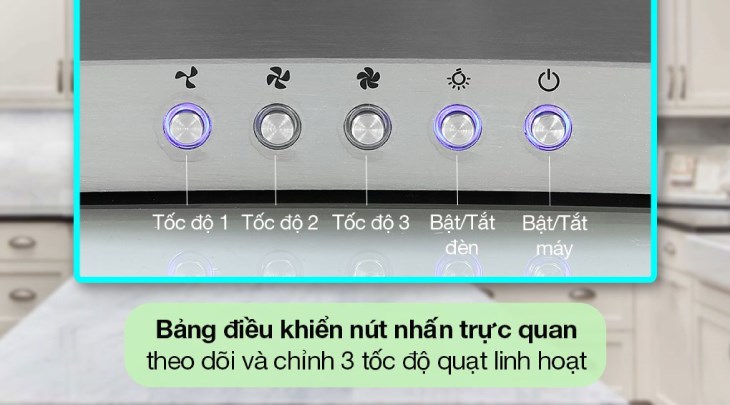 Máy hút mùi kính cong Kocher K-8990 điều khiển bằng nút nhấn, thuận tiện ngay cả với người lớn tuổi