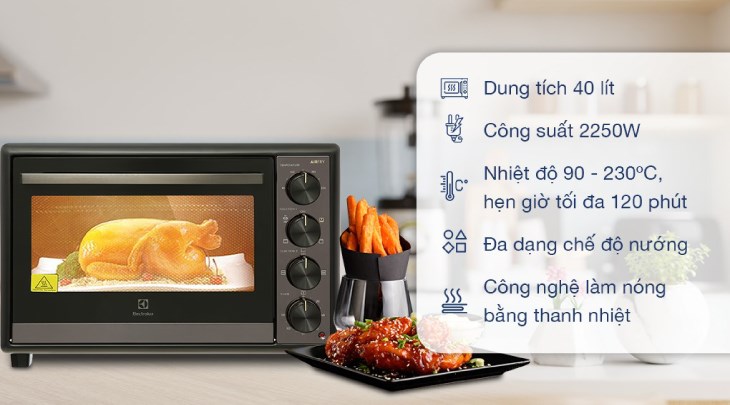 Lò nướng Electrolux EOT4022XFG 40 lít có dung tích 40 lít, đáp ứng tốt nhu cầu nấu nướng trong gia đình
