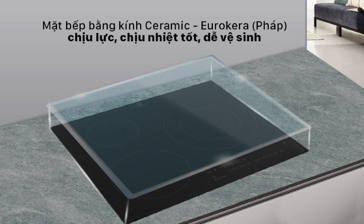 Bếp từ 3 vùng nấu lắp âm Electrolux LIT60342 có mặt bếp làm bằng kính Ceramic của Pháp với khả năng chịu lực tốt, dễ vệ sinh