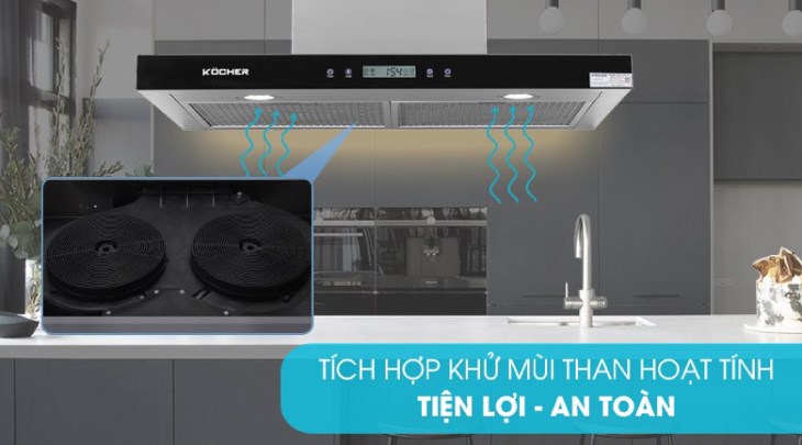 Máy hút mùi áp tường Kocher K-225C 70 khử mùi bằng than hoạt tính, giúp loại bỏ hiệu quả mùi thức ăn