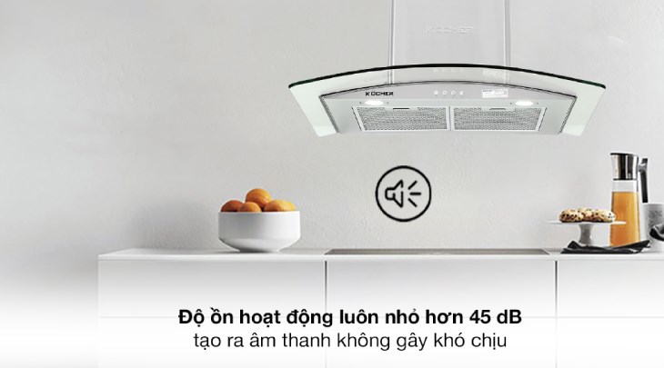 Máy hút mùi kính cong Kocher K-8870 tích hợp công nghệ xử lí âm thanh Ultra Swing, giúp máy hoạt động êm ái