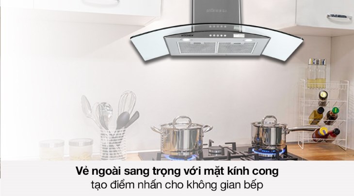 Máy hút mùi kính cong Kocher K-8890 có thiết kế sang trọng, tạo điểm nhấn cho không gian sử dụng