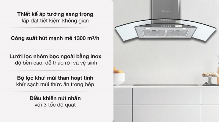 Máy hút mùi kính cong Kocher K-8890 giúp hút mùi thức ăn cho khu vực bếp không bị ám mùi