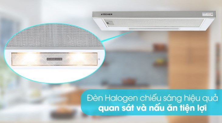 Máy hút mùi âm tủ Kocher K-6270 có đèn Halogen cung cấp độ sáng cao, phục vụ nhu cầu chế biến thức ăn của người nội trợ