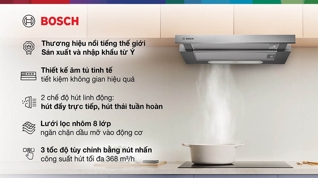 Máy hút mùi âm tủ Bosch DFT63AC50 có thiết kế lắp âm tủ nhỏ gọn tiết kiệm tối đa diện tích sử dụng