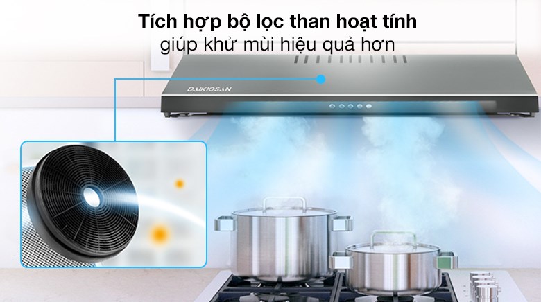 Máy hút mùi áp tường Daikiosan DKH-000007 tích hợp 2 chế độ hút tuần hoàn bằng than hoạt tính giúp khử mùi hiệu quả