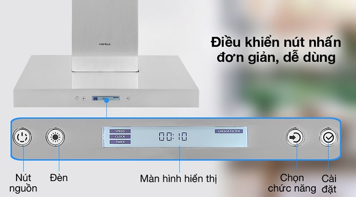 Máy hút mùi áp tường Hafele HH-WI60B (539.81.173) trang bị bảng điều khiển nút nhấn có màn hình LCD hiển thị dễ dàng quan sát và thao tác