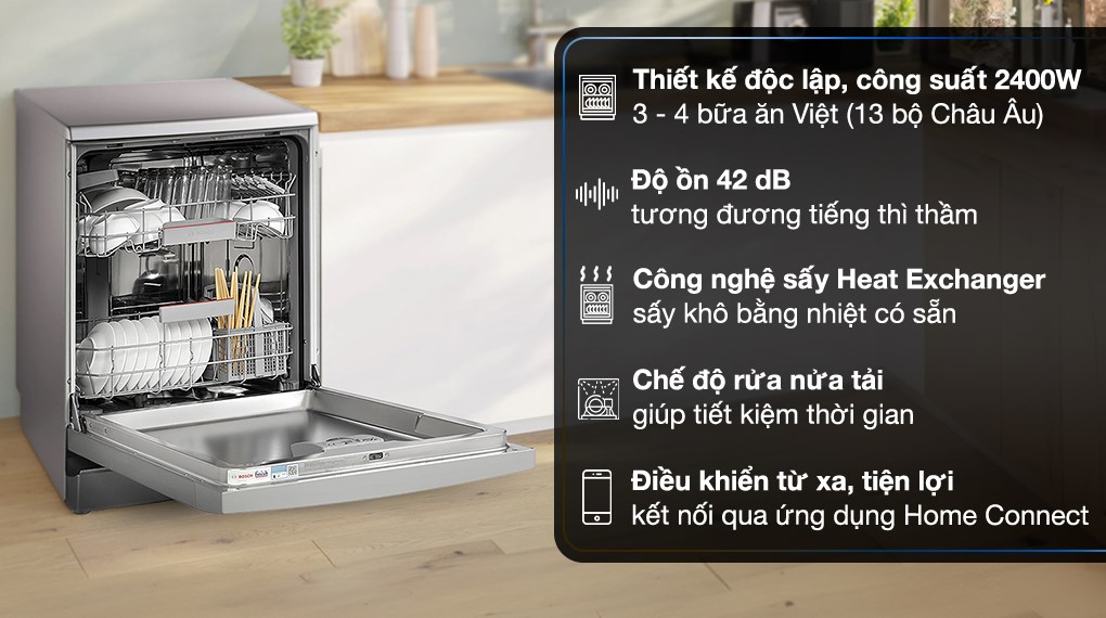 Máy rửa chén độc lập Bosch SMS4EKI06E được trang bị công nghệ AquaSensor - tự động thay nước, sạch tối ưu
