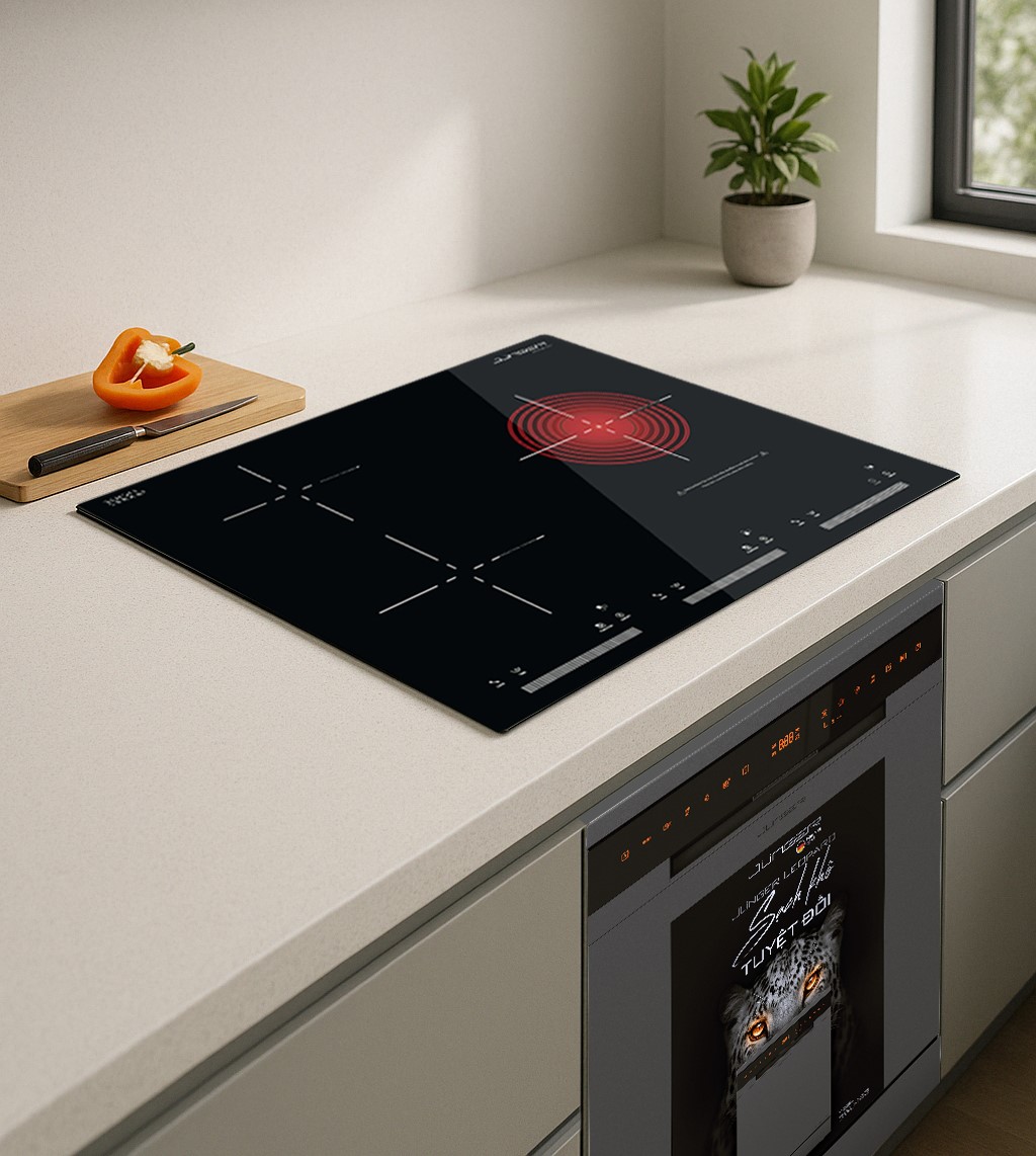 Bếp từ hồng ngoại 3 vùng nấu lắp âm Junger CEJ-300-IIF có 2 vùng bếp từ, 1 vùng bếp hồng ngoại giúp nấu ăn tiết kiệm thời gian