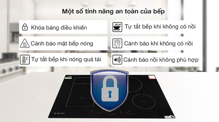 Bếp từ 4 vùng nấu lắp âm Malloca MH-04I BM tích hợp đa dạng tính năng an toàn như: cảnh báo mặt bếp nóng, tự ngắt khi quá nhiệt, khóa trẻ em,...
