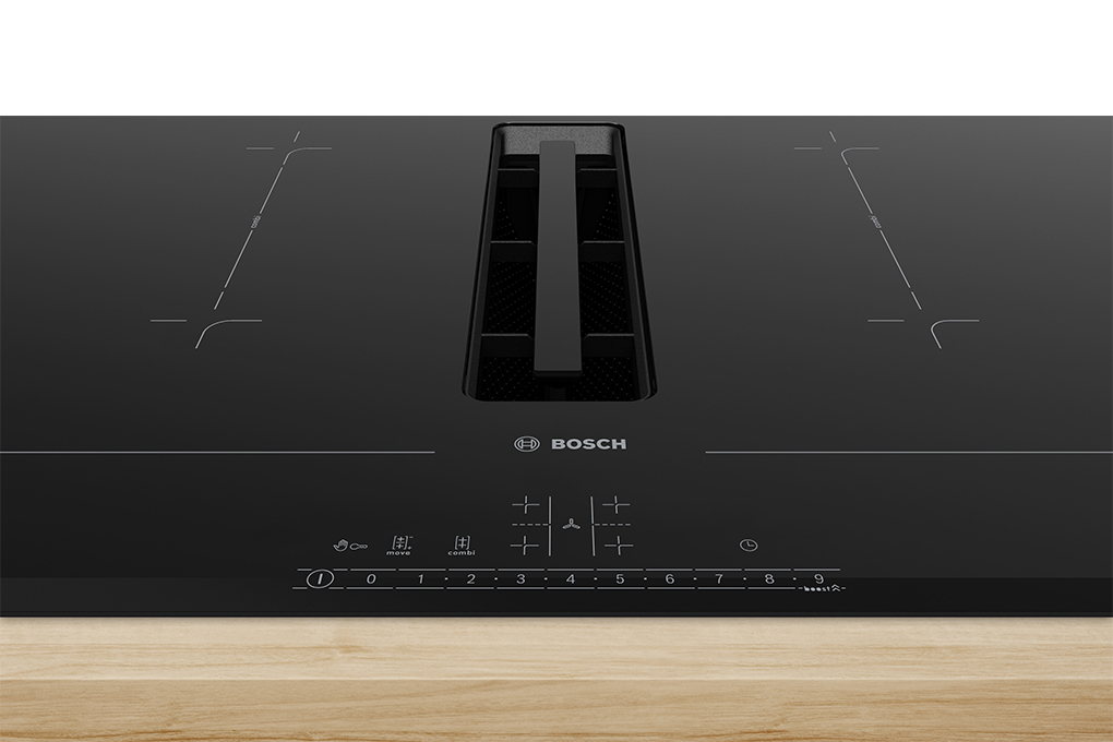 Mặt kính của bếp từ 4 vùng nấu lắp âm tích hợp hút mùi Bosch PVQ731F15E làm từ Ceramic - Schott Ceran (Đức) bóng sáng, bền bỉ