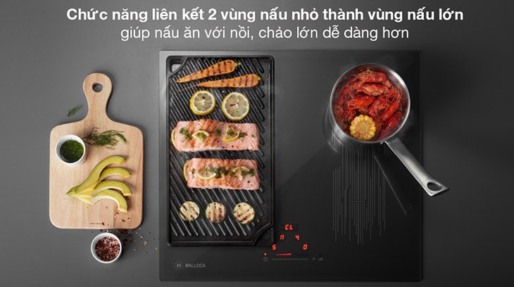 Bếp từ 4 vùng nấu lắp âm Malloca MI 594 LINEAR có chức năng liên kết 2 vùng nấu nhỏ thành vùng nấu lớn phù hợp với nhiều kích cỡ nồi chảo