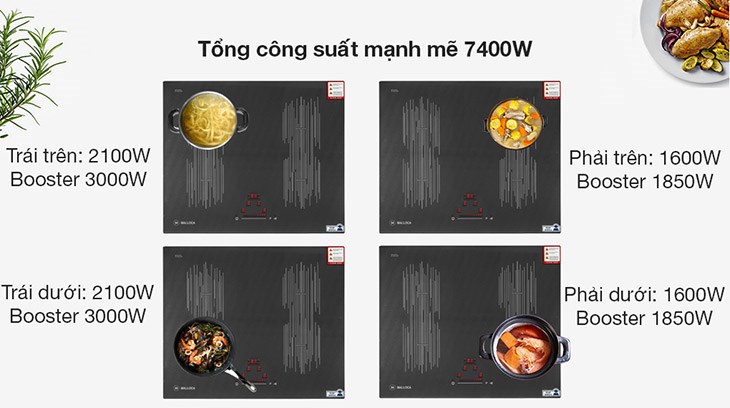 Bếp từ 4 vùng nấu lắp âm Malloca MI 594 LINEAR có tổng công suất 7400W đi kèm chức năng Booster gia nhiệt nhanh út ngắn thời gian nấu ăn