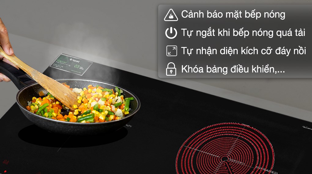 Bếp từ hồng ngoại lắp âm Pramie PRTH-A1 có tính năng nhận biết kích thước đáy nồi, giúp ngăn ngừa tình trạng nhiệt lan ra vùng không có nồi