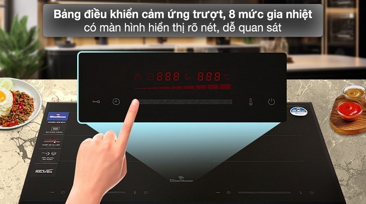 Bếp từ đôi BlueStone ICB-6917 được trang bị bảng điều khiển cảm ứng trượt sang trọng với 8 mức gia nhiệt