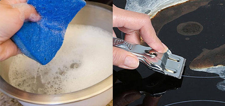 Bạn hãy lau các vết bẩn bám lâu ngày hoặc vết cháy khét bằng khăn mềm và nước tẩy rửa bếp chuyên dụng nhé!