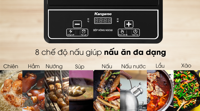 Bếp hồng ngoại Kangaroo KG20IFP1 có đa dạng các chế độ nấu sẵn, giúp người dùng chế biến thuận tiện hơn